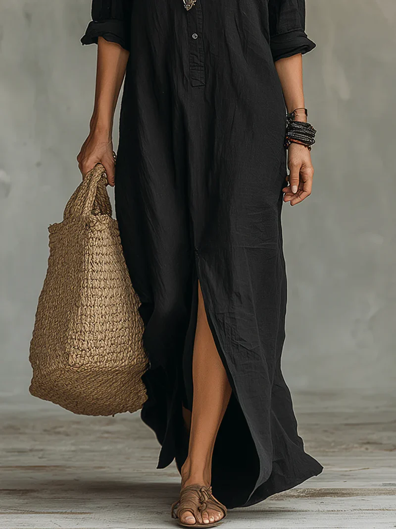 Soline - Vestido largo negro holgado con botones