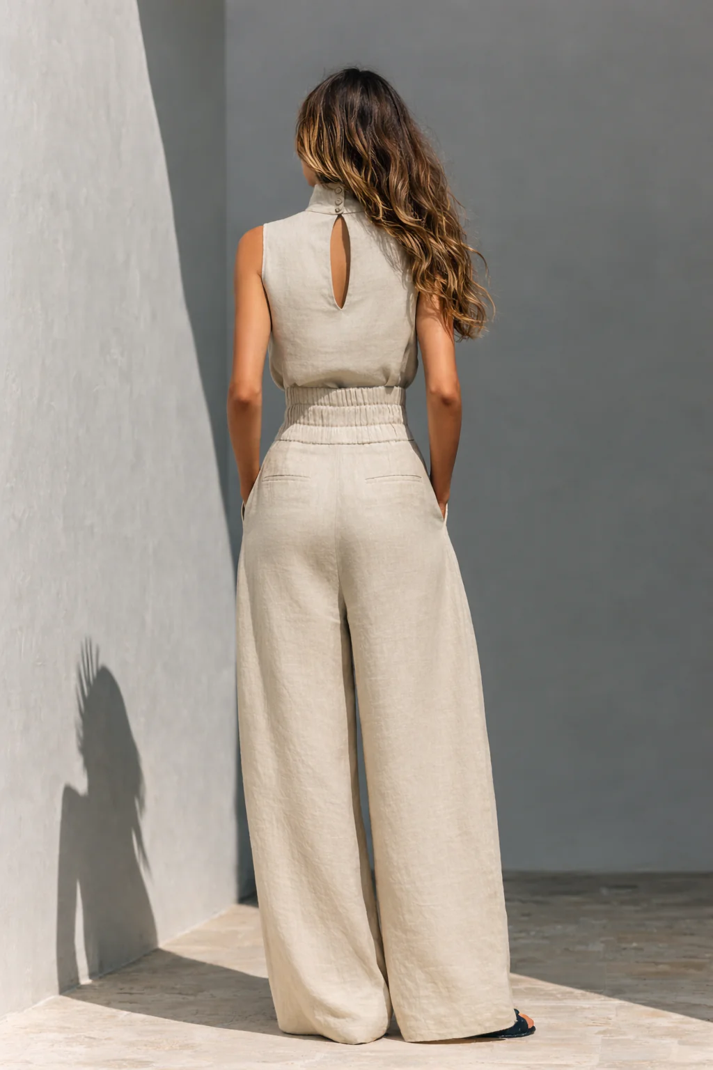 María - Conjunto minimalista de camiseta sin mangas y pantalón de pierna ancha de algodón y lino para mujer