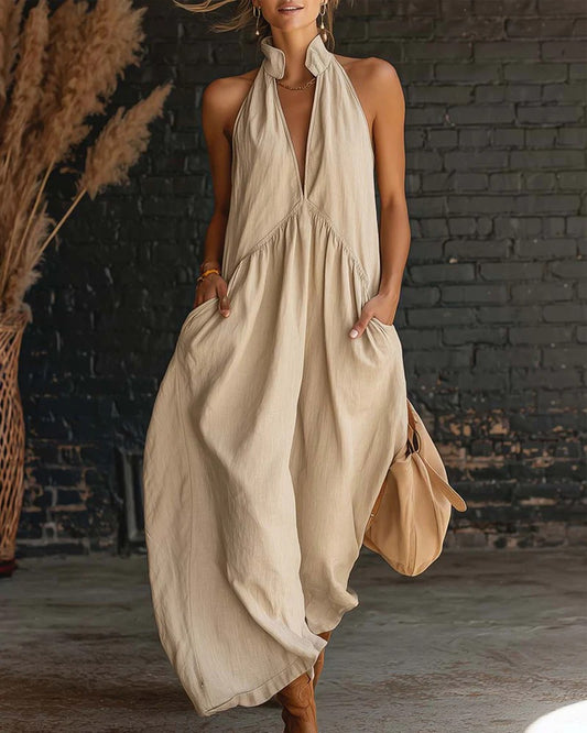 Lucía - Vestido 100% algodón, sin mangas, cuello alto, color liso, largo maxi