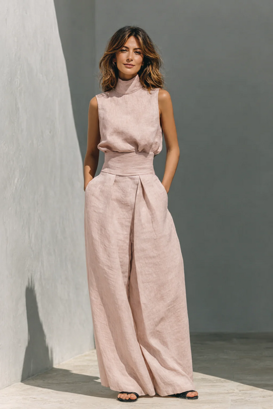 María - Conjunto minimalista de camiseta sin mangas y pantalón de pierna ancha de algodón y lino para mujer