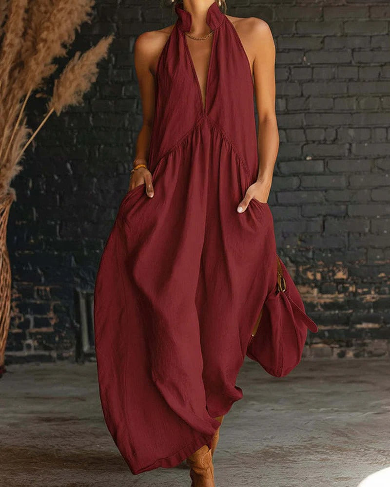 Lucía - Vestido 100% algodón, sin mangas, cuello alto, color liso, largo maxi