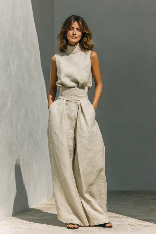 María - Conjunto minimalista de camiseta sin mangas y pantalón de pierna ancha de algodón y lino para mujer