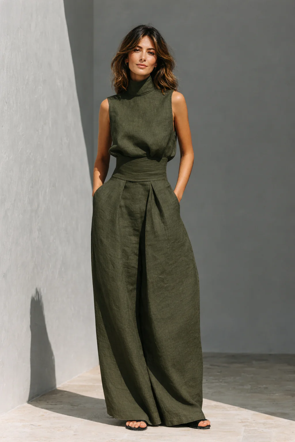 María - Conjunto minimalista de camiseta sin mangas y pantalón de pierna ancha de algodón y lino para mujer
