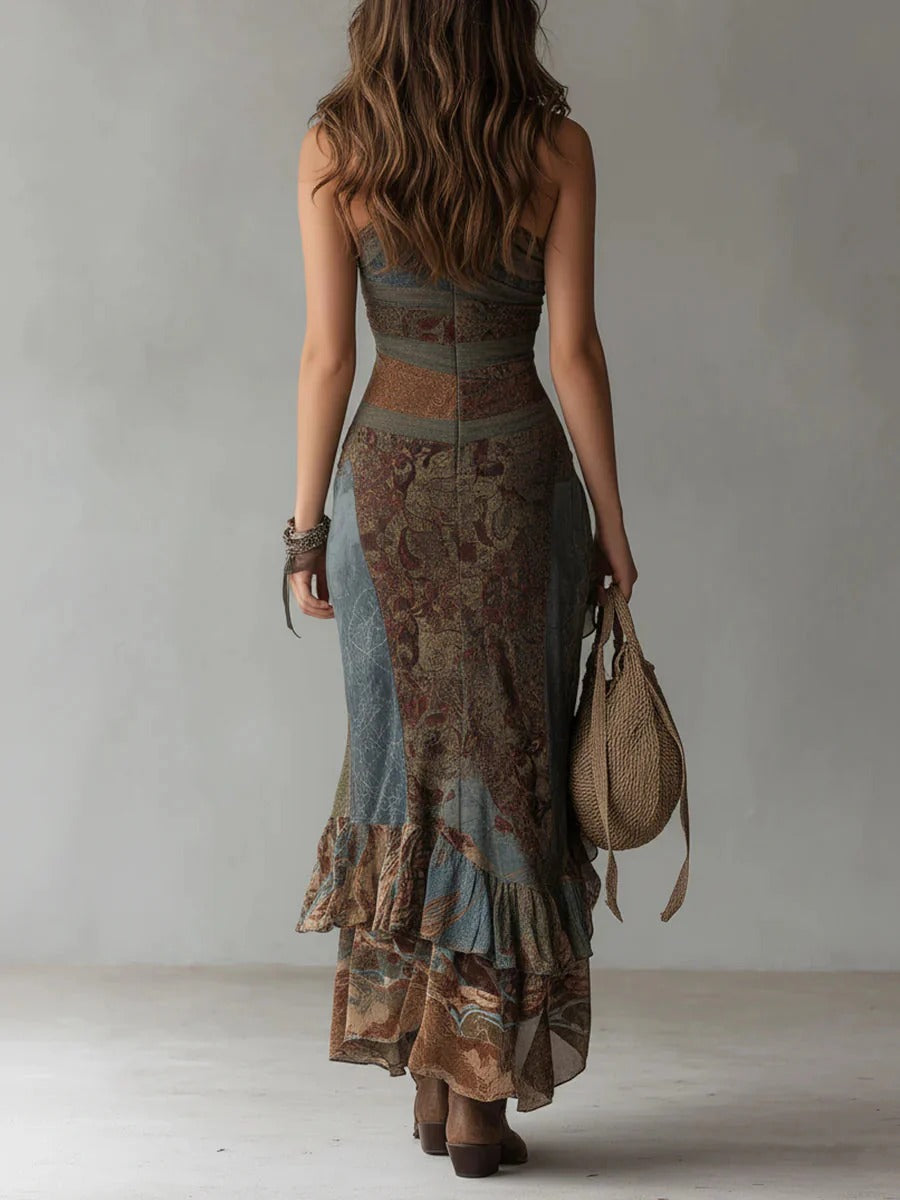 Elena - Vestido largo con un solo hombro, estampado de estilo étnico y abertura alta