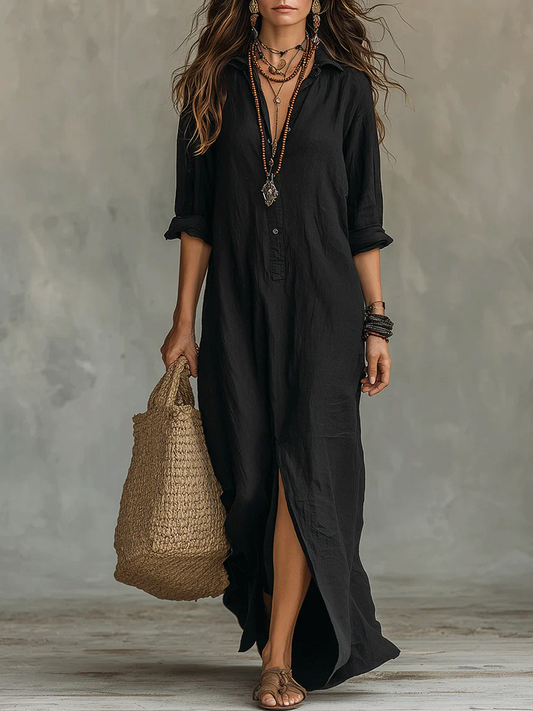 Soline - Vestido largo negro holgado con botones