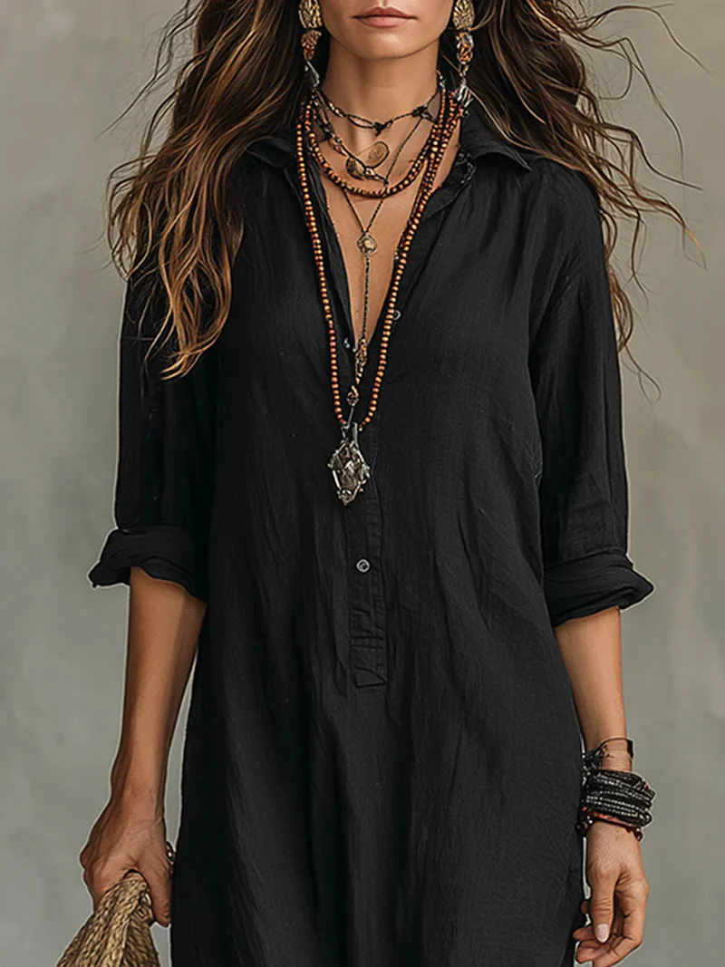 Soline - Vestido largo negro holgado con botones