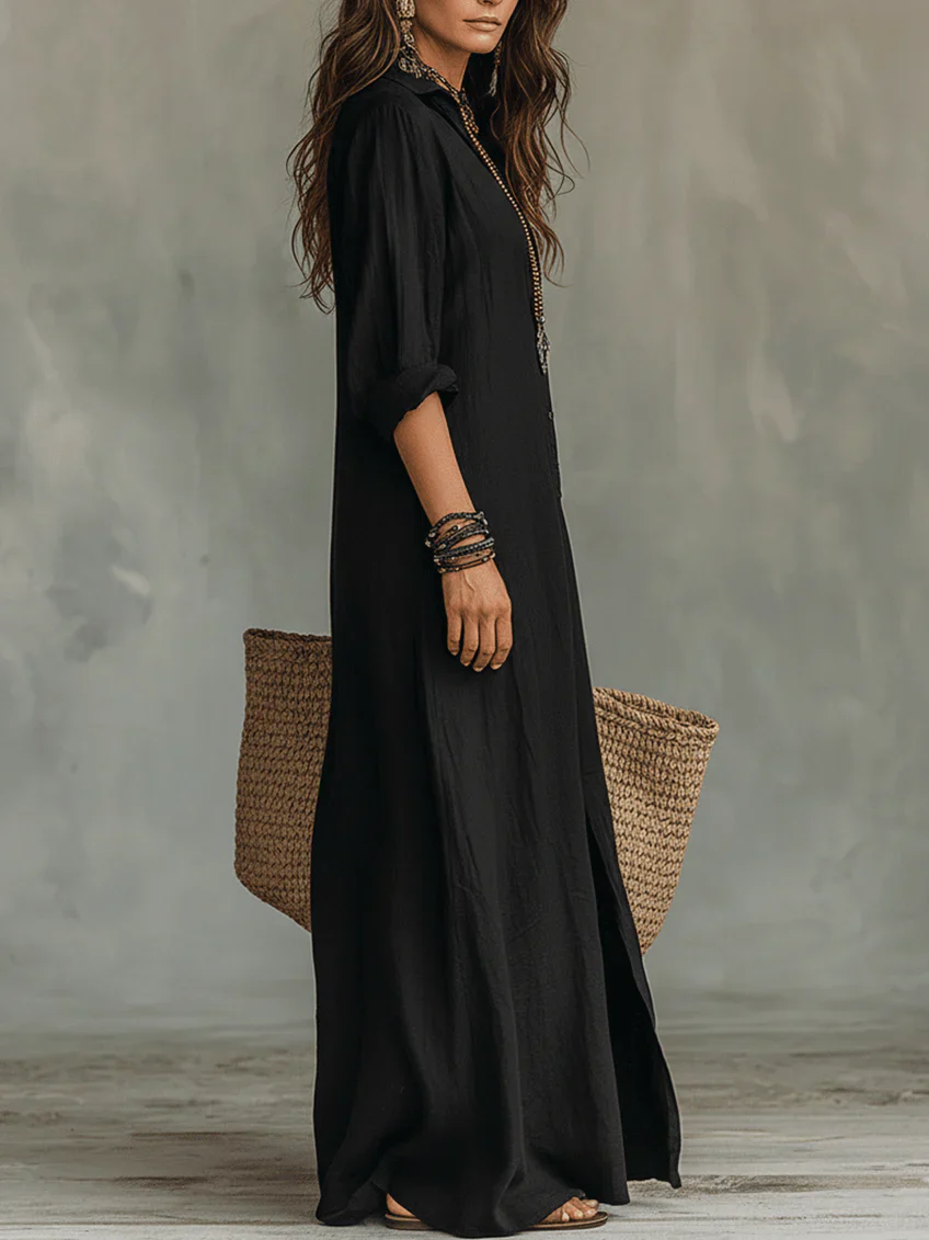 Soline - Vestido largo negro holgado con botones