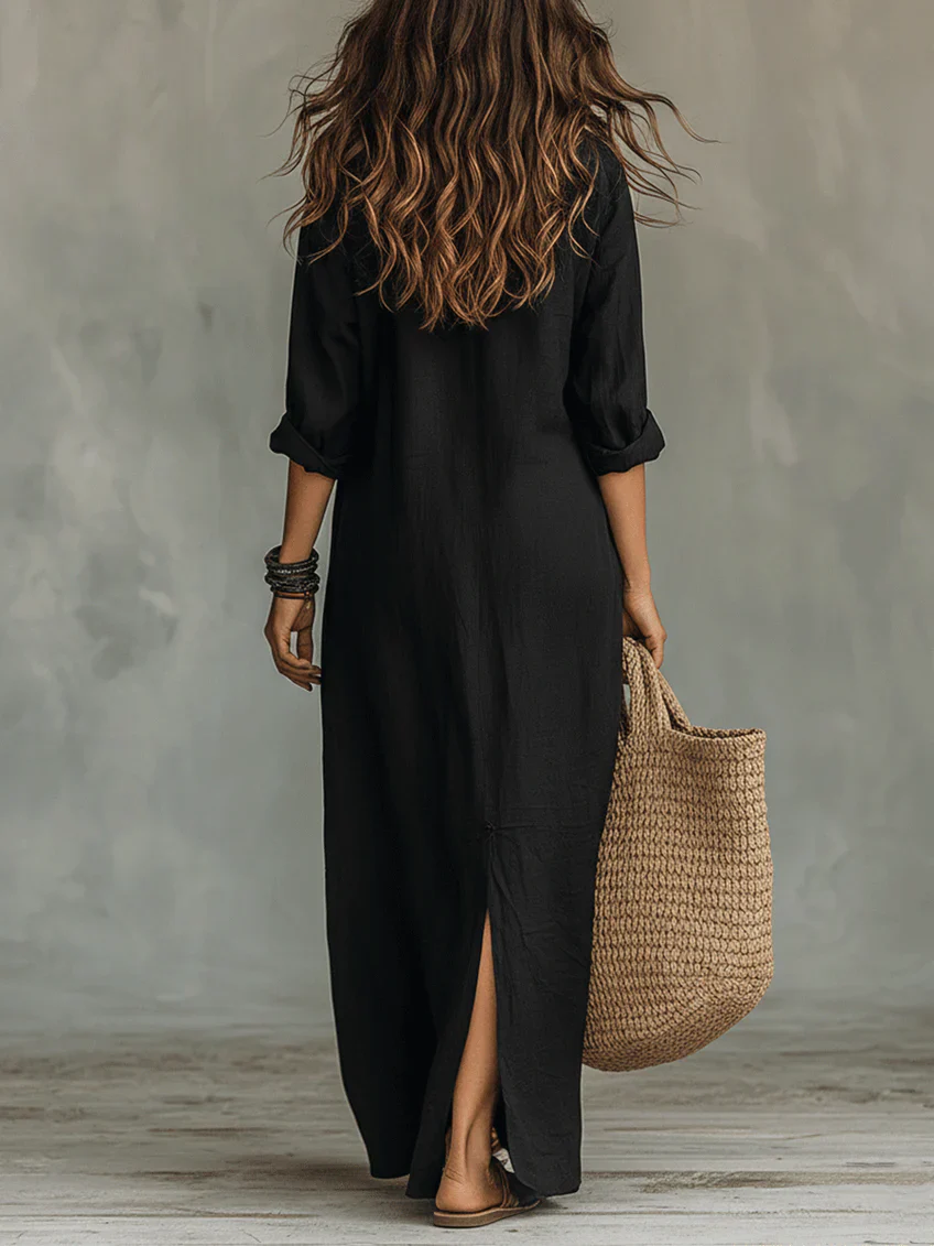 Soline - Vestido largo negro holgado con botones